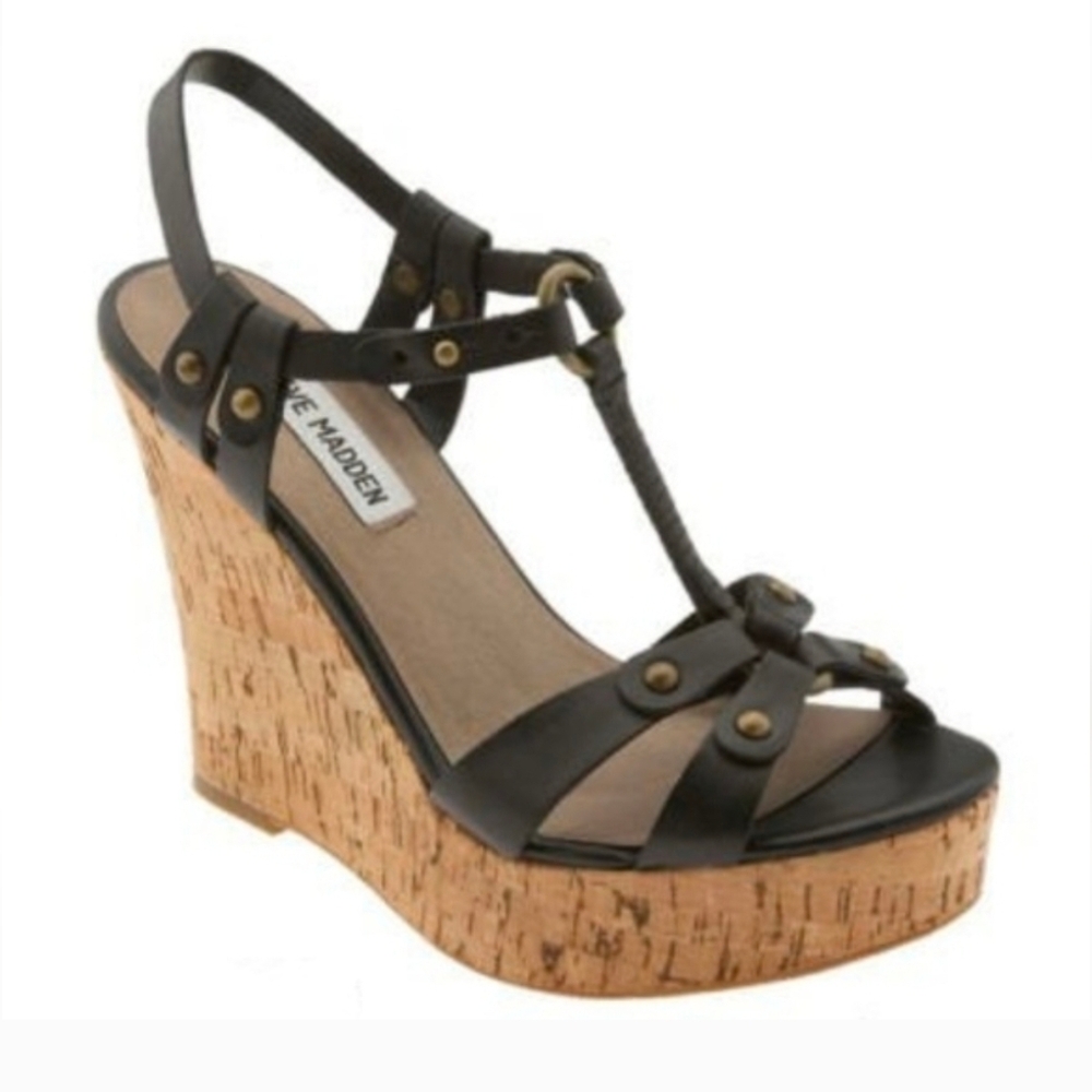 Steve Madden Quesst brown leather‎ cork wedge platform sandals